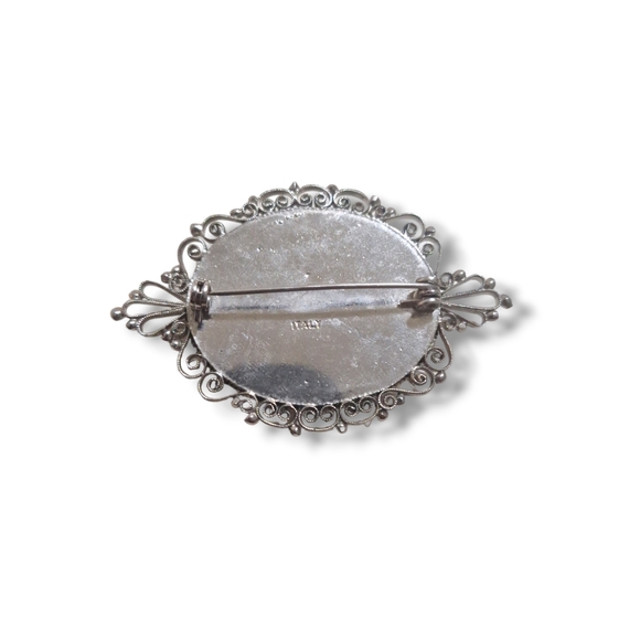 Vtg Micro Mosaic Silver Tone Oval Daisy Brooch Marked Italy 2 1/4" - Picture 4 of 6